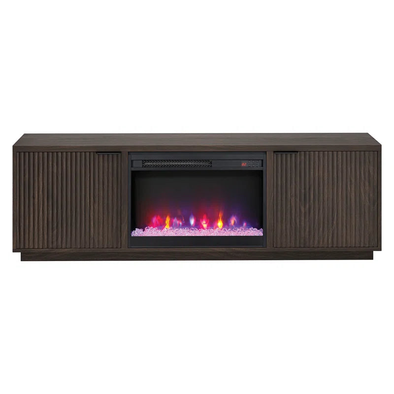 Brown 70'' rectangular TV stand with a 26'' crystal fireplace, suitable for TVs up to 78 inches