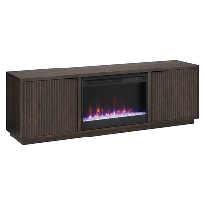 Brown 70'' rectangular TV stand with a 26'' crystal fireplace, suitable for TVs up to 78 inches