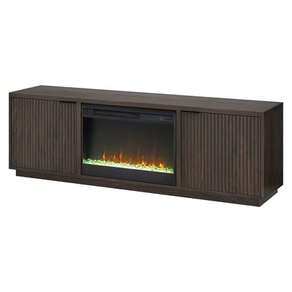 Brown 70'' rectangular TV stand with a 26'' crystal fireplace, suitable for TVs up to 78 inches