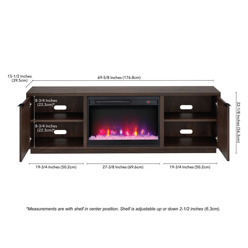 Brown 70'' rectangular TV stand with a 26'' crystal fireplace, suitable for TVs up to 78 inches