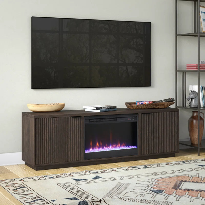 Brown 70'' rectangular TV stand with a 26'' crystal fireplace, suitable for TVs up to 78 inches