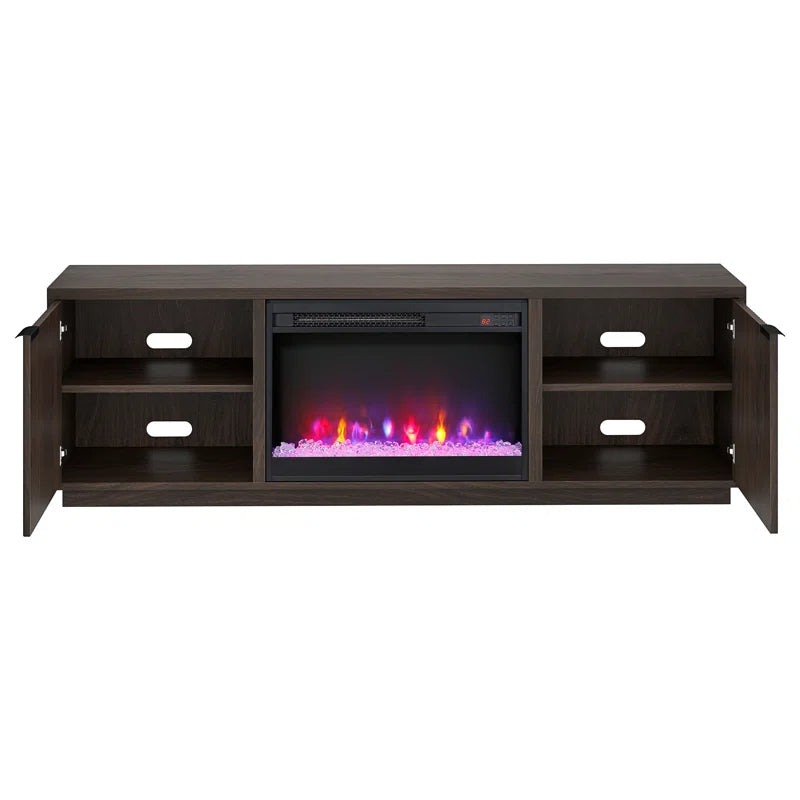 Brown 70'' rectangular TV stand with a 26'' crystal fireplace, suitable for TVs up to 78 inches