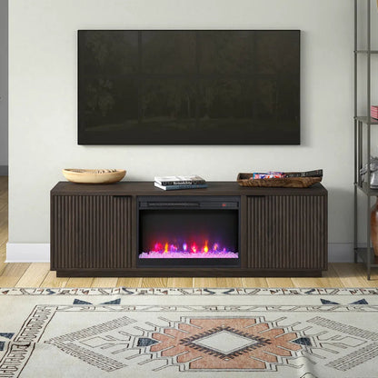 Brown 70'' rectangular TV stand with a 26'' crystal fireplace, suitable for TVs up to 78 inches