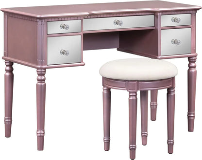 Brafab 43" Luxury Vanity Desk Dressing Table Set with Mirrored Drawers and Stool, Tri-fold Mirror, Makeup Vanity Set for Bedroom, Rose Gold