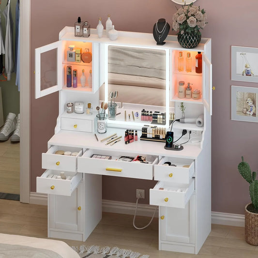 Dnxao Large Make up Vanity Desk with Mirror and Lights,3 Lights Mode and Brightness Adjusted by Touch Button, Built-in Power Strip and 6 Drawers,4 cabinets,2 cabinets with RGB Lights