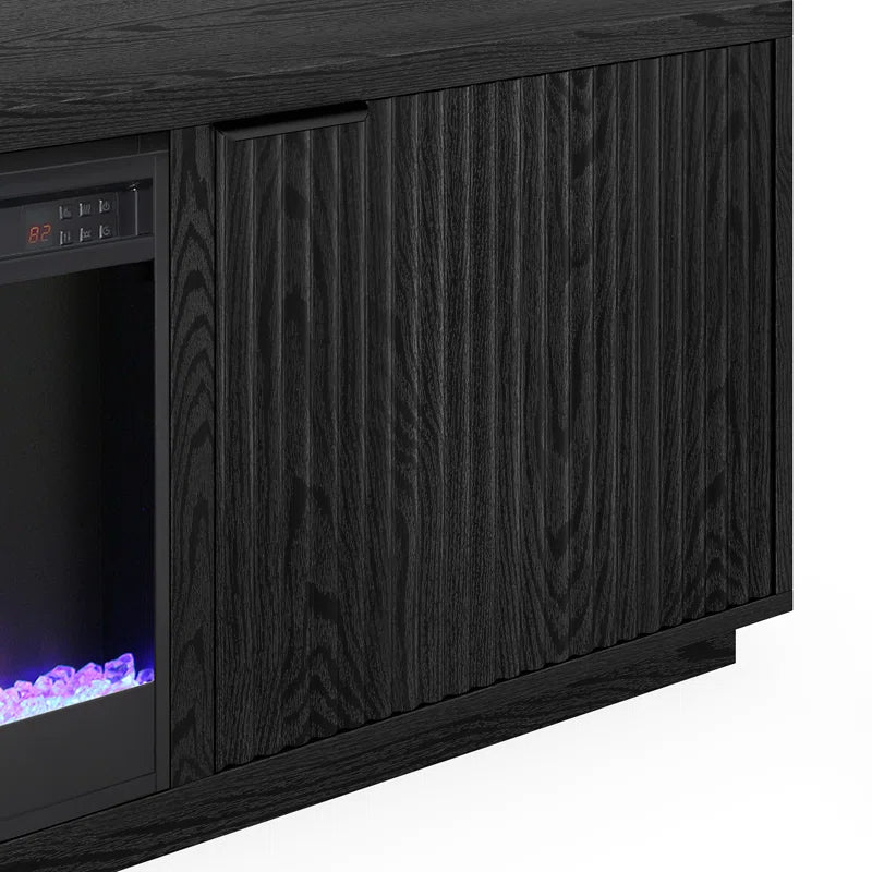 Black 70'' rectangular TV stand with a 26'' crystal fireplace, suitable for TVs up to 78 inches.