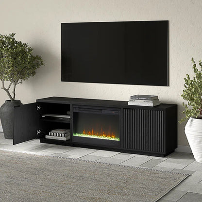 Black 70'' rectangular TV stand with a 26'' crystal fireplace, suitable for TVs up to 78 inches.